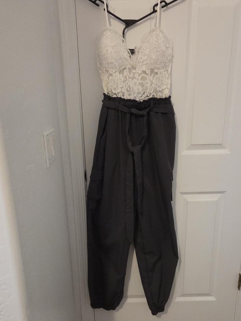 Justify White Lace Bodice Jumpsuit with Charcoal Jogger Pants
